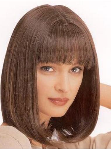 Medium Straight Wigs With Bangs No-Fuss Straight Brown Synthetic Medium Length Capless Wigs