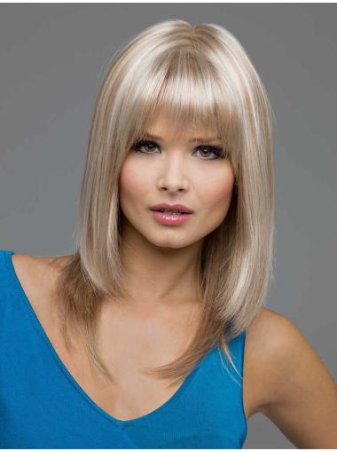 Straight Hair Wigs With Bangs Shoulder Length Synthetic Trendy Medium Length Blonde Wig