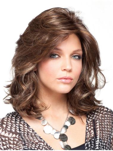 Medium Length Curly Wigs Fashionable Brown Shoulder Length Curly Wig Synthetic