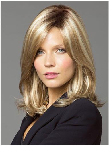 Shoulder Length Wavy Wig Sleek Blonde Shoulder Length Synthetic Lace Front Wigs With Bangs