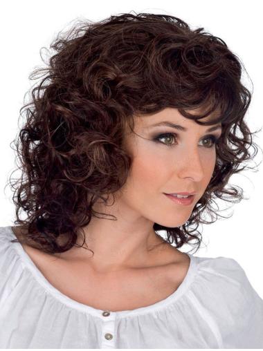 Shoulder Length Curly Wigs Style 100% Hand-Tied Curly Brown Classic Beauty Wigs
