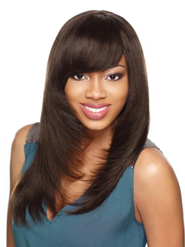 Long Hair Synthetic Wigs Yaki Brown With Bangs Fashionable Synthetic Wigs