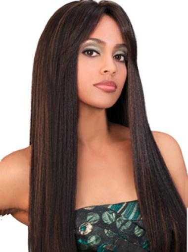 Long Hair Synthetic Wigs Yaki Brown With Bangs Synthetic Wigs