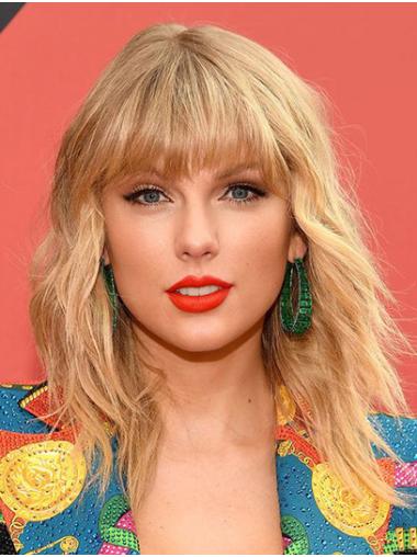 Medium Wavy Wigs Synthetic Capless With Bangs Shoulder Length 14" Blonde Great Taylor Swift Wigs