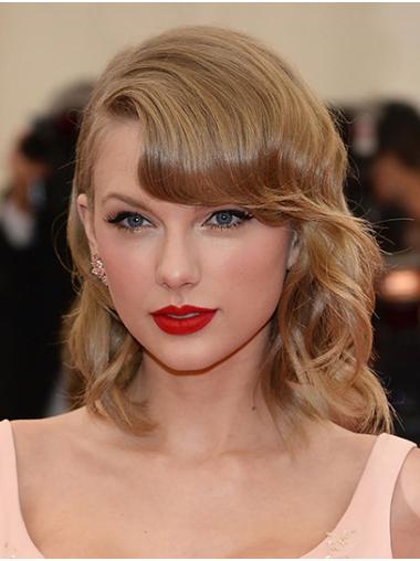 Curly Shoulder Length Wigs Synthetic Lace Front With Bangs Shoulder Length 14" Blonde No-Fuss Taylor Swift Wigs