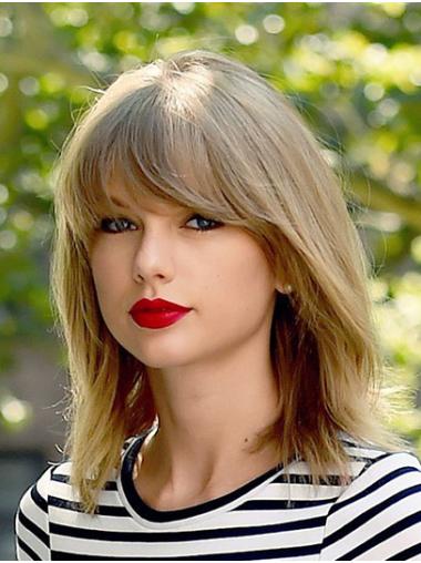 Medium Straight Wigs With Bangs Synthetic Lace Front With Bangs Shoulder Length 14" Blonde Style Taylor Swift Wigs
