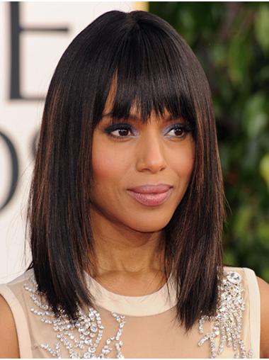 Medium Straight Wigs With Bangs Synthetic Capless Shoulder Length With Bangs Hairstyles 14" Kerry Washington Wigs