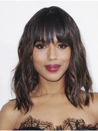 Medium Wavy Wigs With Bangs Synthetic Capless Shoulder Length With Bangs Stylish 14" Kerry Washington Wigs