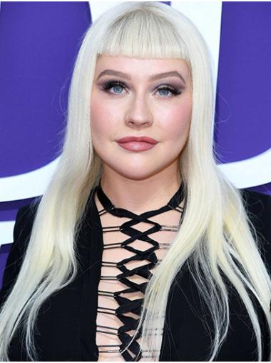 Long Straight Human Hair Wigs Capless Long Platinum Blonde With Bangs Online 24" Christina Aguilera Wigs