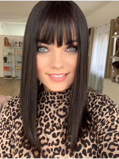 Long Grey Human Hair Wigs 20" Straight Black With Bangs Human Hair Wigs Only