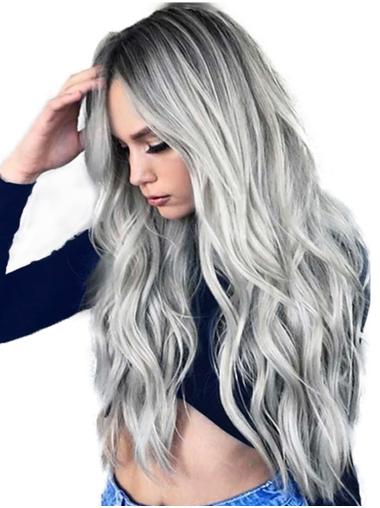 Long Wavy Wigs Without Bangs Lace Front Without Bangs Synthetic Wavy Perfect Grey Wigs