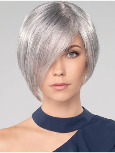 Synthetic Grey Wigs Straight Chin Length 10" Monofilament Convenient Grey Wigs