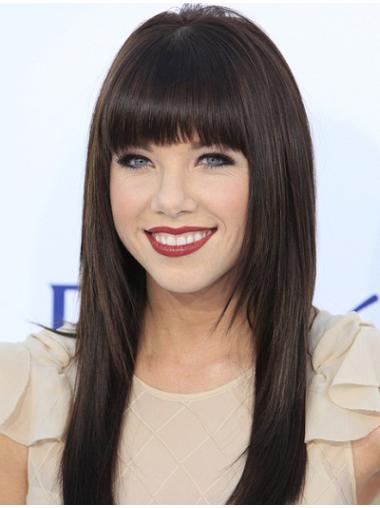Long Wigs With Bangs Human Hair 100% Hand-Tied Straight Black Celebrity Wigs Amazing