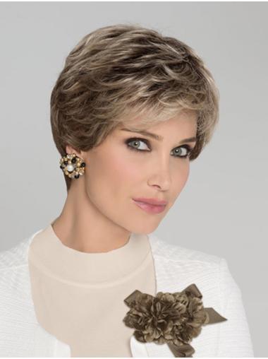 Short Wavy Hair Wigs Brown 100% Hand-Tied Wavy Synthetic Classic Lady Wig
