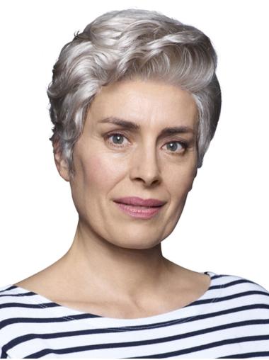 Short Wavy Grey Wigs Cropped 6" 100% Hand-Tied Synthetic Ladies Grey Wigs