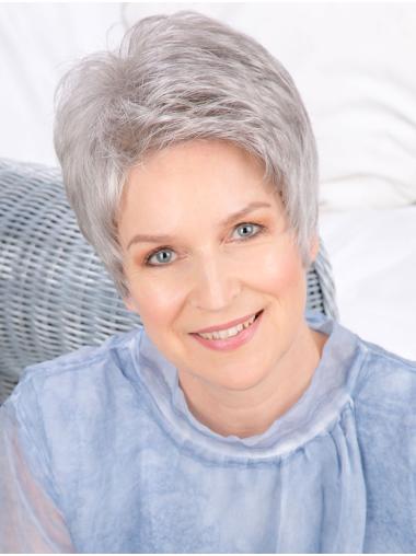Short Straight Grey Wigs Cropped 6" Monofilament Synthetic Grey Hair Wig