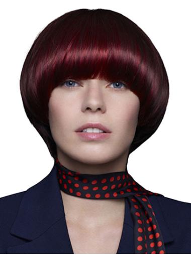 Bobs Lace Wigs 100% Hand-Tied Red Chin Length Straight Remy Human Hair Wigs Bobs