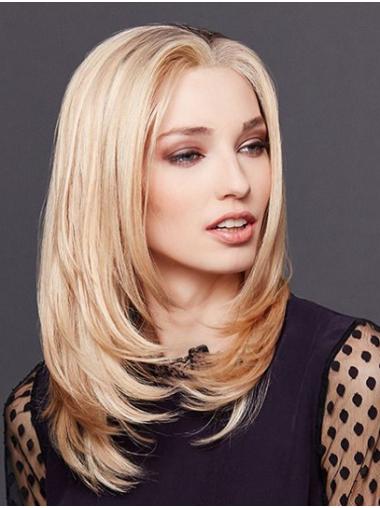 Human Hair Wigs Medium Length 14" Straight Blonde Without Bangs Shoulder Length Monofilament Wigs Gorgeous