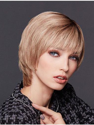 Straight Middle Part Wigs Human Hair Wig 10" Straight Blonde With Bangs Chin Length Ladies Monofilament Wigs