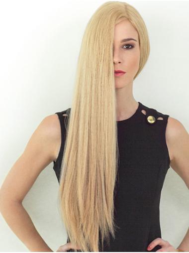 Human Hair Long Wigs With Bangs 26" Straight Blonde Remy Human Hair Long Soft Hand Tied Wigs
