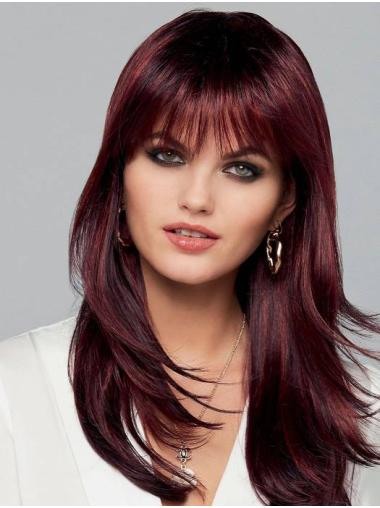 Lace Wigs Long Hair 16" Straight Red With Highlights With Bangs Monofilament Natural Hair Long Wig