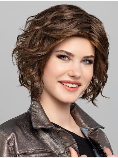 Curly Bob Wigs Chin Length Monofilament Synthetic Curly Brown With Highlights Sleek Lace Wigs
