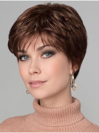 Short Layered Best Wigs 6" Straight Brown With Highlights Layered Monofilament Top Short Wigs
