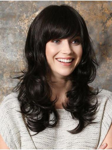 Long With Bangs Wigs Wavy Black Monofilament Synthetic 16" Long Wig