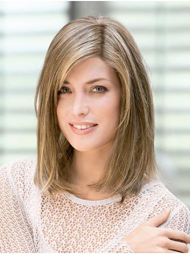 Medium Length Wigs Wavy Human Hair Wigs 14" Straight Blonde Shoulder Length Without Bangs Perfect Lace Wigs