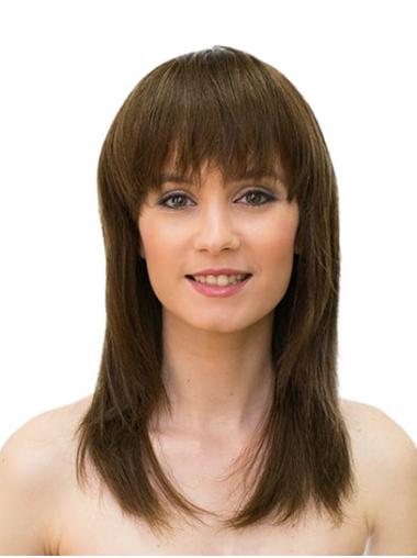 Long Human Hair Wigs With Bangs Long Monofilament Brown Straight With Bangs Sleek Human Hair Wigs
