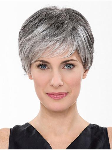 Straight Wigs With Bangs Short 100% Hand-Tied Grey Straight With Bangs Synthetic Wigs Women