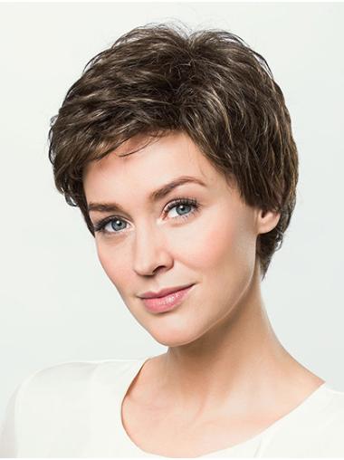 Short Layered Wigs 8" Wavy Synthetic Monofilament Brown Ladies Light Short Wigs