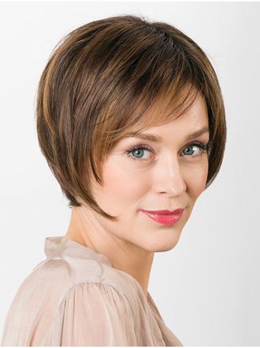 Short Straight Wigs Short 100% Hand-Tied Brown Straight Layered Synthetic Wigs Good Quality