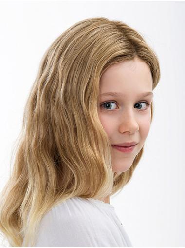 Medium Length Wigs Human Hair 16" Wavy Blonde Shoulder Length Without Bangs Kids Wigs