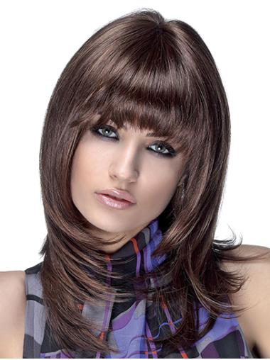 Layered Straight Wig Shoulder Length Brown Straight Layered Synthetic 14" Monofilament Wigs For Women