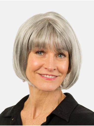 Straight Bobs Wigs Straight Remy Human Hair Chin Length Grey Bobs 10" Best Hand Tied Wigs