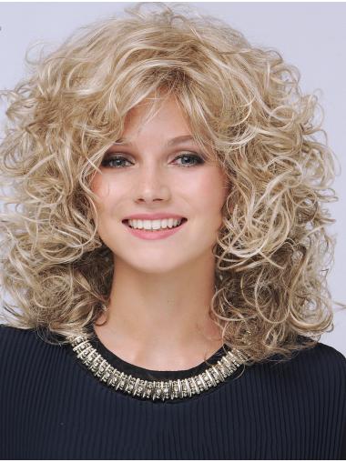 Shoulder Length Curly Wig Curly Platinum Blonde Synthetic With Bangs Womens Medium Wigs