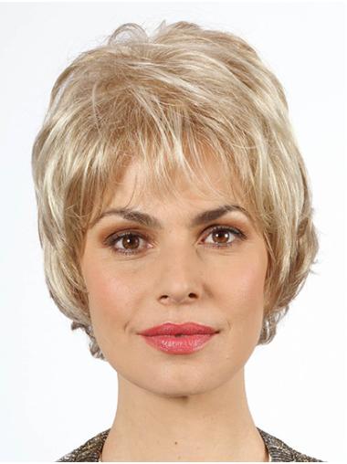 Short Wavy Wigs With Bangs Chin Length Wavy 10" Platinum Blonde With Bangs Synthetic Mono Wig