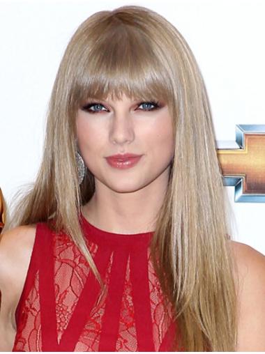Long Grey Human Hair Wigs With Bangs Straight Long Durable Blonde Wig Taylor Swift