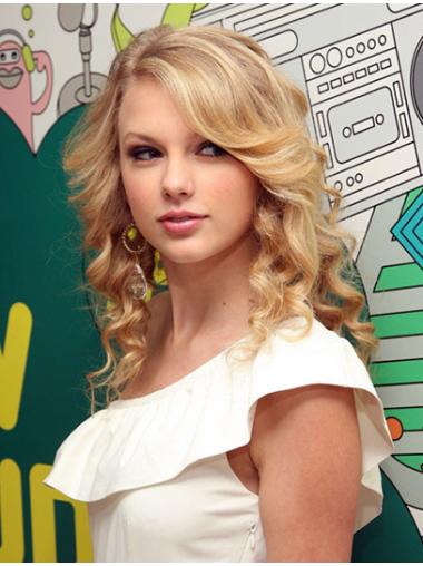 Human Hair Wigs Shoulder Length 100% Hand-Tied Wavy Shoulder Length Perfect Taylor Swift Human Hair Blonde Wig With Bangs