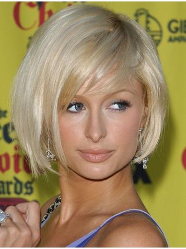 Straight Wigs Human Hair With Bangs Chin Length Designed Paris Hilton Blond Wig