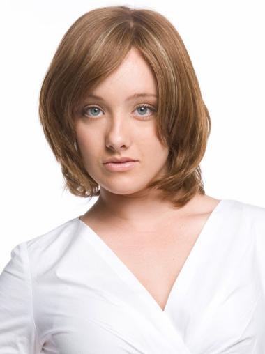 Human Hair Wavy Wigs Chin Length Brown Flexibility Wavy Human Hair Wigs With Bangs