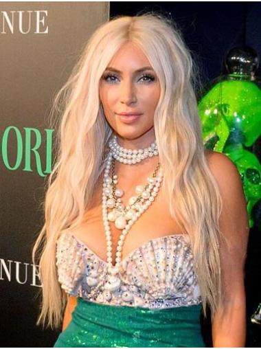 Long Wavy Human Hair Wigs Lace Front Layered 24 Inches Trendy Kim Kardashian Blonde Hair Wigs