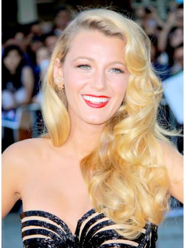 Long Human Hair Wigs With Bangs Blonde Without Bangs 24" Blake Lively Wavy Human Hair Wigs