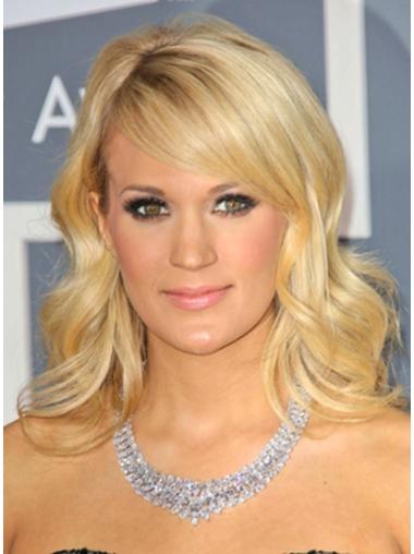 Human Hair Wigs Shoulder Length With Bangs Wavy 14" Carrie Underwood 100% Human Hair Wigs Blonde