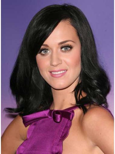 Medium Wavy Wigs Layered Black Shoulder Length Synthetic Katy Perry Wig Black