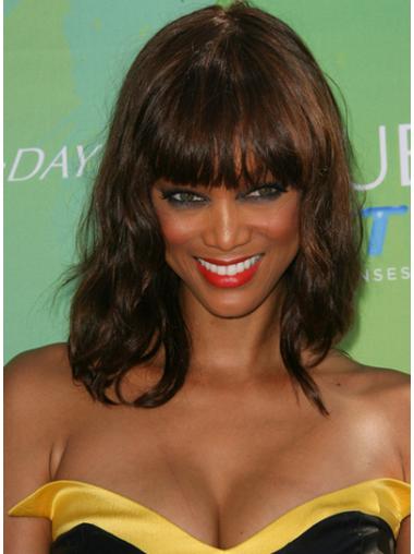 Medium Length Wigs Blonde Human Hair Wigs Capless With Bangs Wavy 14 Inches Trendy Tyra Banks Human Hair Wigs