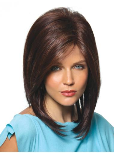 Medium Straight Wigs With Bangs 14 Inches Capless With Bangs Medium Brown Wig