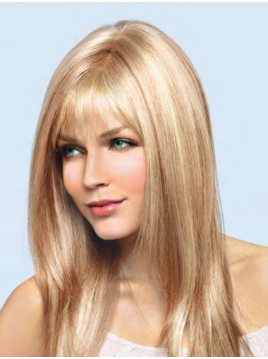 Long Brown Wig Human Hair 16" Popular With Bangs Blonde Lightweight Human Hair Discount Wigs