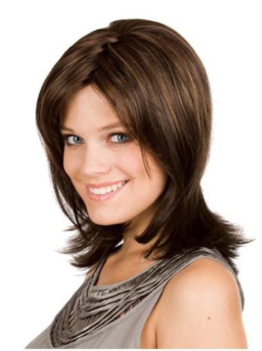 Medium Length Wavy Wigs Brown Layered No-Fuss Synthetic Lace Wigs